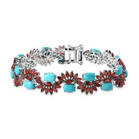 D'Joy Premium Sleeping Beauty Turquoise and Mozambique Garnet 28.60 ctw Floral Symphony Bracelet in Rhodium Over Sterling Silver (7.25 In)