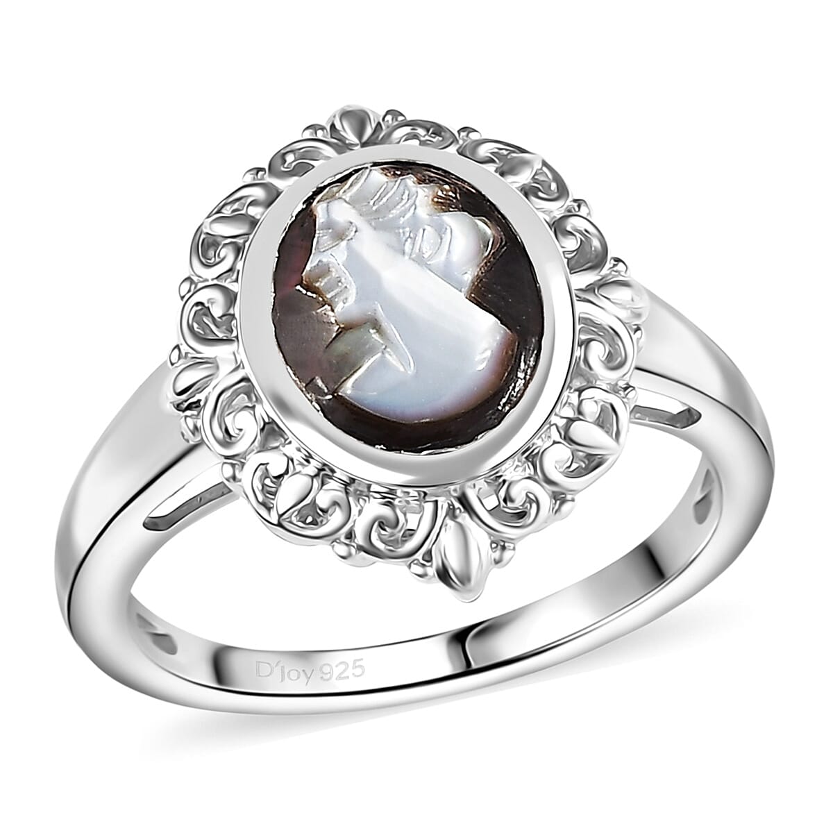 Natural Italian Conch Cameo Ring in Rhodium Over Sterling Silver (Size 10.0) 1.50 ctw