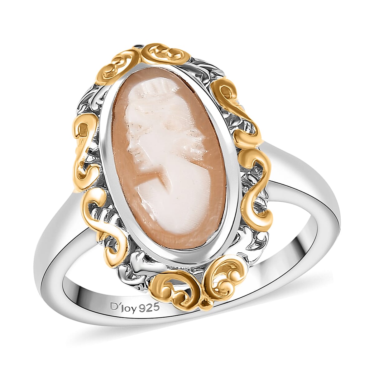Natural Italian Conch Cameo Ring in 18K YG Vermeil and Rhodium Over Sterling Silver (Size 10.0) 1.65 ctw
