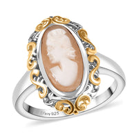 Natural Italian Conch Cameo Ring in 18K YG Vermeil and Rhodium Over Sterling Silver (Size 10.0) 1.65 ctw