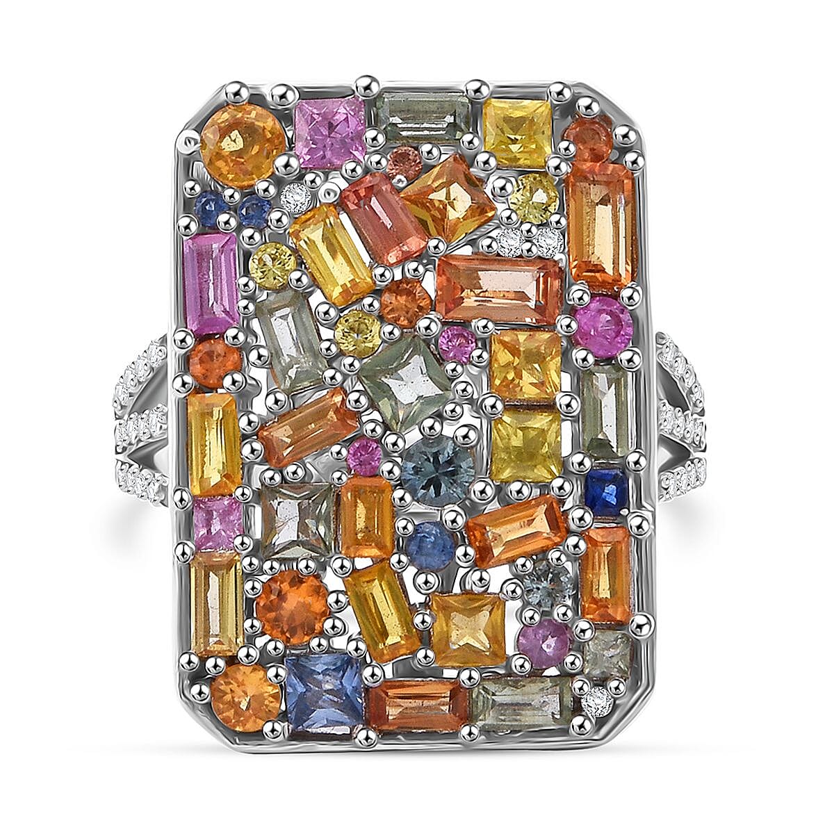 Multi-Sapphire, Multi Gemstone Ring in Rhodium Over Sterling Silver (Size 10.0) 6.00 ctw