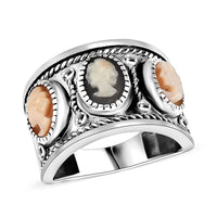 Artisan Crafted Natural Italian Conch Cameo Fancy Ring in Black Oxidized Sterling Silver (Size 10.0) 1.90 ctw