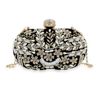 Black Hand Embroidery Oval Shaped Pearl Studded Velvet Clutch