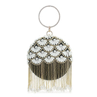 Green Hand Embroidery Pearl Studded Velvet Clutch with Tassels, Ring Handle and Sling Chain