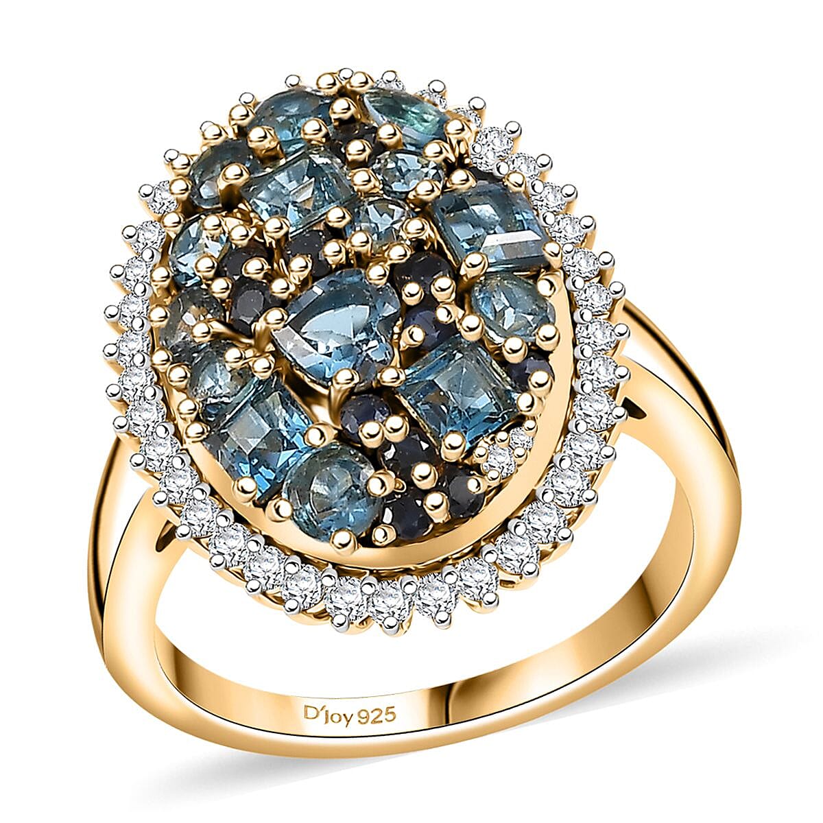 Premium London Blue Topaz and Multi Gemstone 4.00 ctw Ocean Mosaic Ring in 18K Vermeil Yellow Gold Over Sterling Silver (Size 10.0)