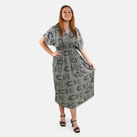 TAMSY Tan Abstract Smocked Waist Kaftan Sleeve Midaxi Dress - One Size Fits Most