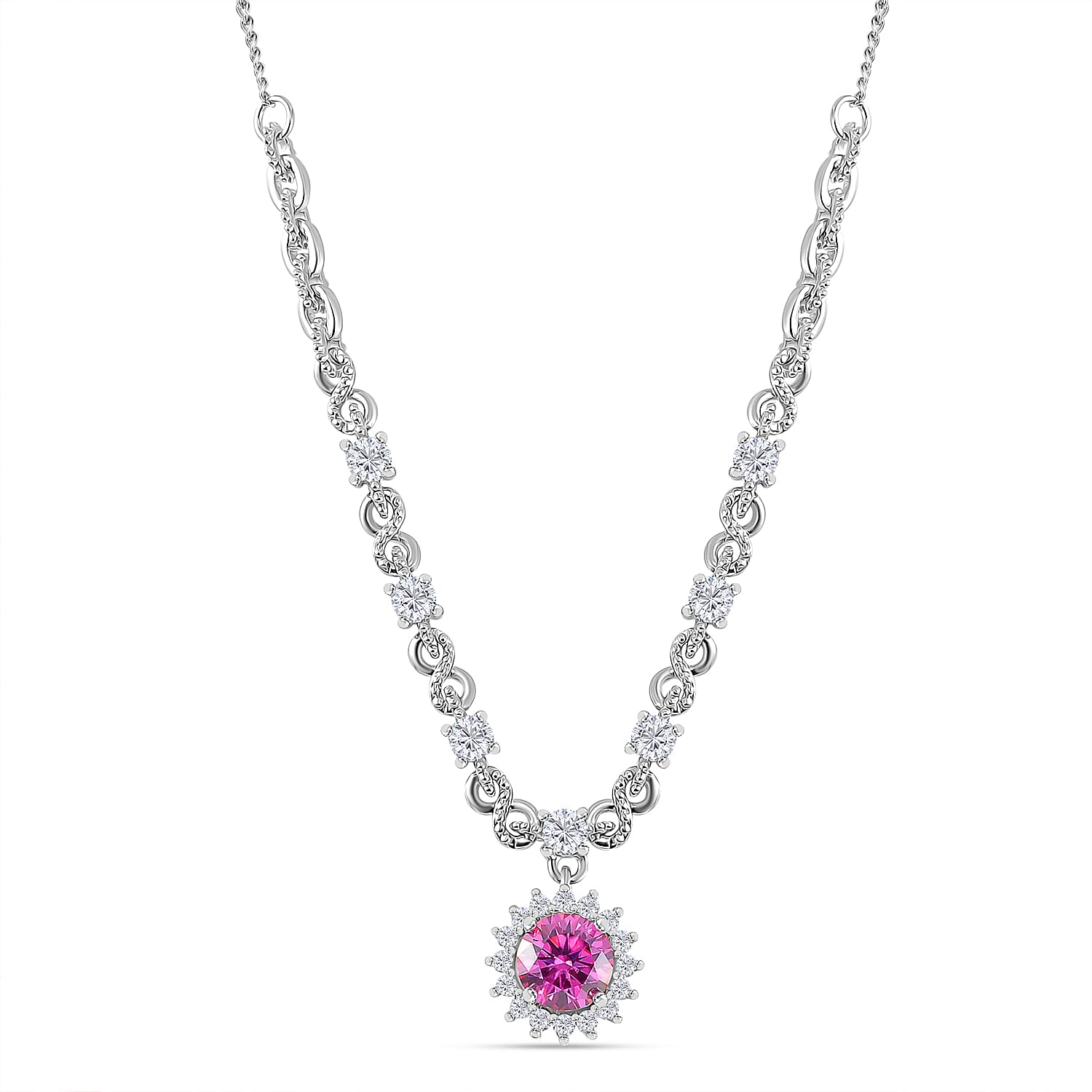 Pink Lotus Coated Moissanite and Moissanite 1.90 ctw Necklace 18 Inches in Rhodium Over Sterling Silver
