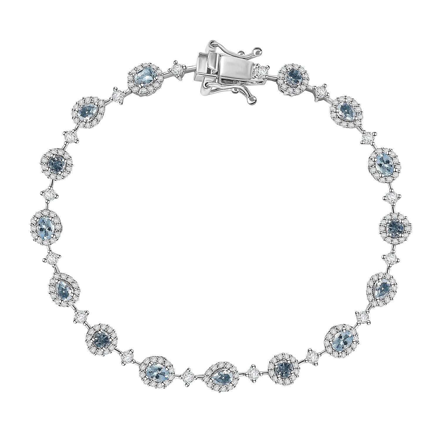 Santa Maria Aquamarine and Moissanite 4.10 ctw Ocean Whisper Bracelet in Rhodium Over Sterling Silver (7.25 In)