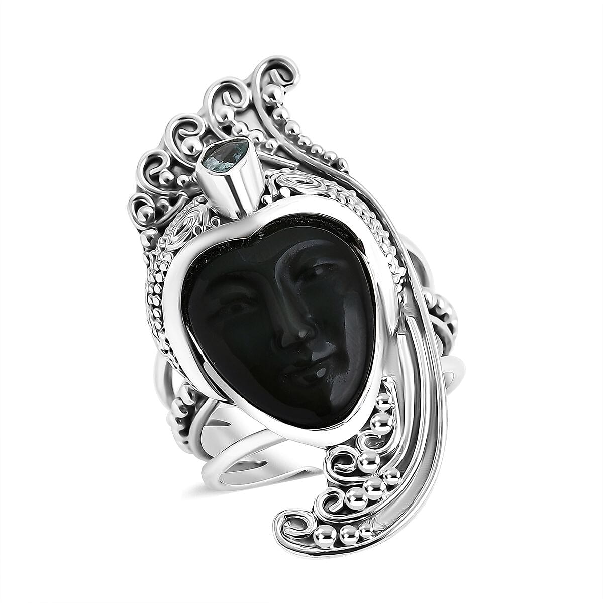 Sajen Silver Rainbow Obsidian Carved and Apatite 7.70 ctw Ring in Sterling Silver