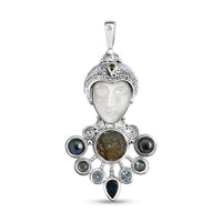Sajen Silver Mother of Pearl Carved and Multi Gemstone 25.65 ctw Pendant without Chain in Sterling Silver