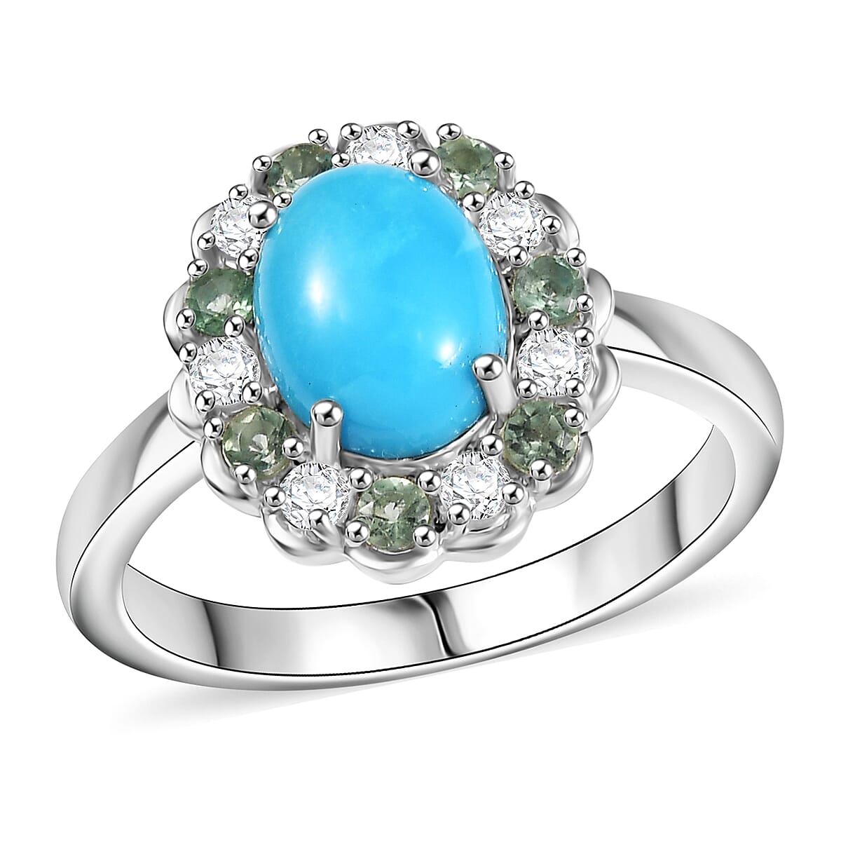 Premium Sleeping Beauty Turquoise,  Multi Gemstone Ring in Rhodium Over Sterling Silver (Size 10.0) 2.60 ctw