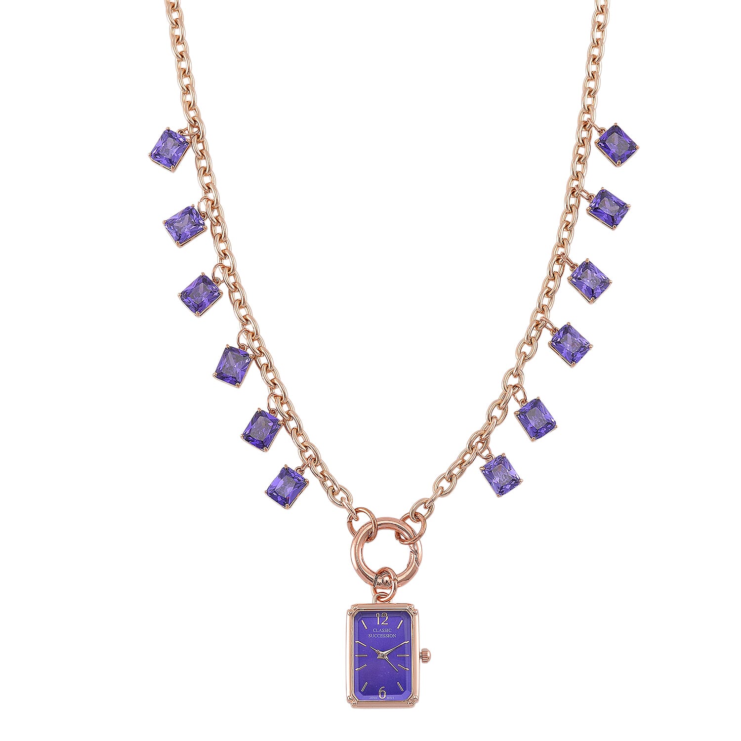 Classic Succession Simulated Purple Diamond Miyota Japanese Movement watch in Rosetone with Stainless Steel Chain (24 Inches) 18.00 ctw