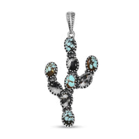 D'Joy Artisan Crafted Blue Moon Turquoise and White Buffalo 5.25 ctw Cactus Pendant without Chain in Black Oxidized Sterling Silver