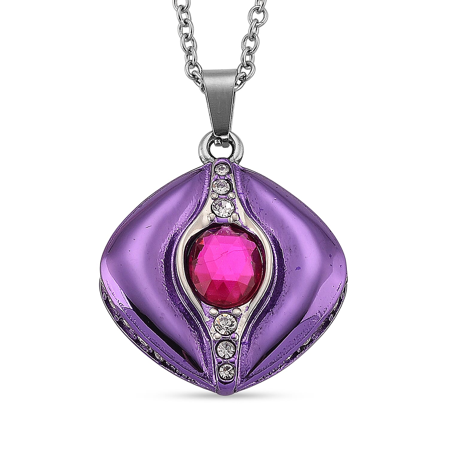 Fuchsia Glass, Austrian Crystal Enameled Pendant Necklace  in Stainless Steel (20 Inches)