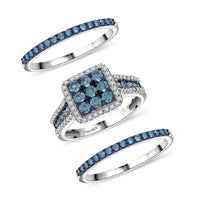 Set of 3 Venice Blue Diamond I1-I2 and Diamond 1.50 ctw Stackable Ring in Platinum Over Sterling Silver (Size 10.0)