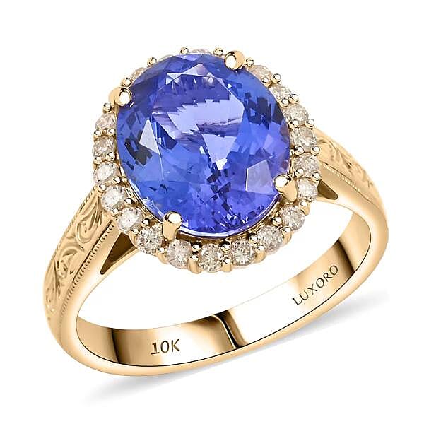 Certified & Appraised Luxoro AAA Tanzanite and I2 Diamond 5.05 ctw Ring in 10K Yellow Gold