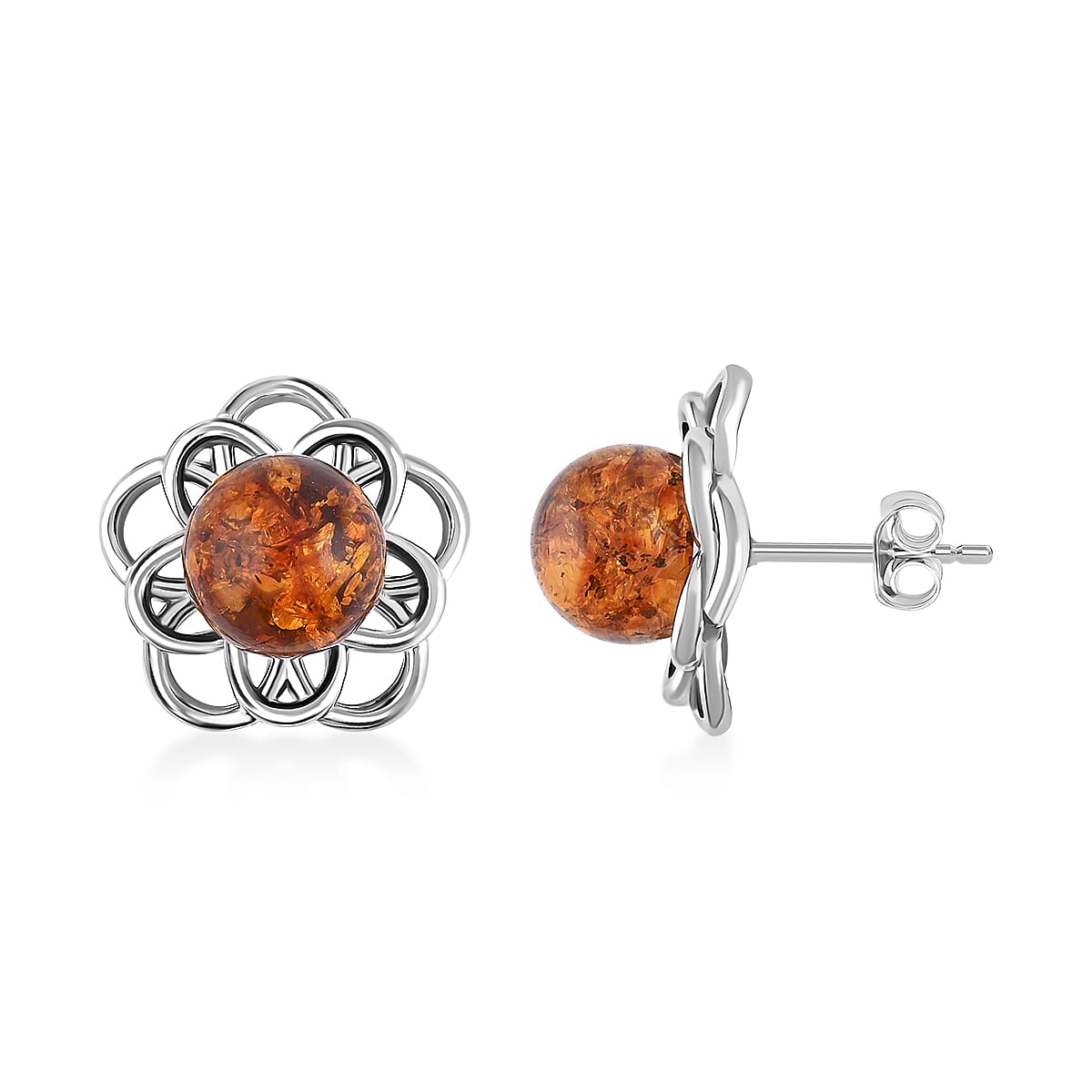 Baltic Amber Round Earrings in Sterling Silver