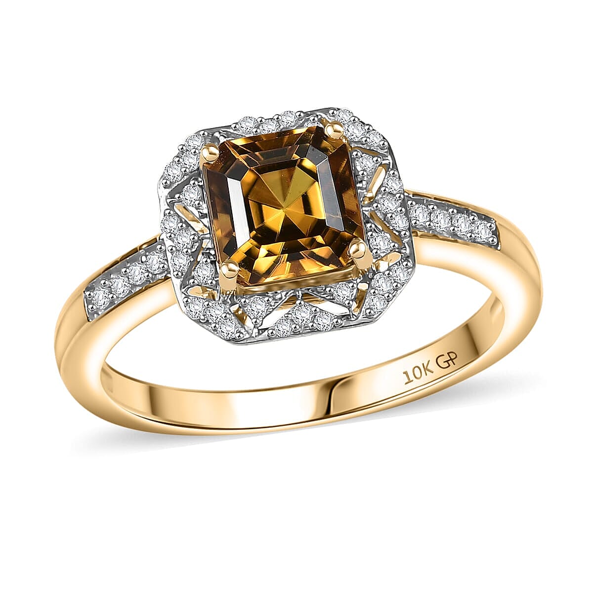 GP 10K Yellow Gold AAA Asscher Cut Golden Turkizite, Diamond (I2) Ring (Size 6.0) 2.15 ctw