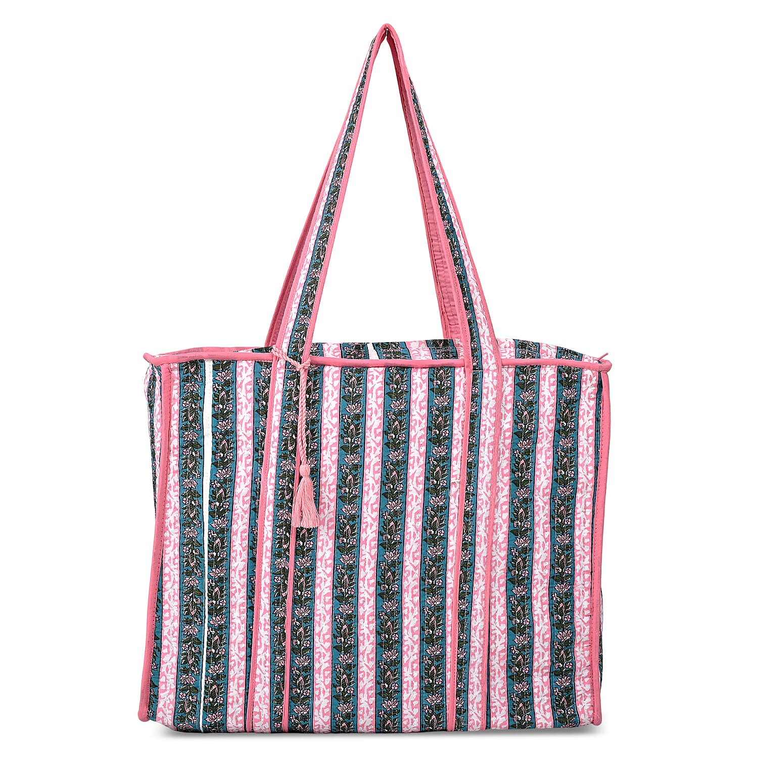 Teal and Pink Quilted Cotton & Polyester Tote Bag (17.7"×16.9"×5.9")