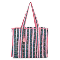 Teal and Pink Quilted Cotton & Polyester Tote Bag (17.7"×16.9"×5.9")
