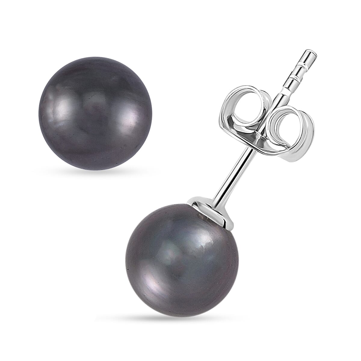 Tahitian Cultured Pearl Solitaire Stud Earrings in Rhodium Over Sterling Silver