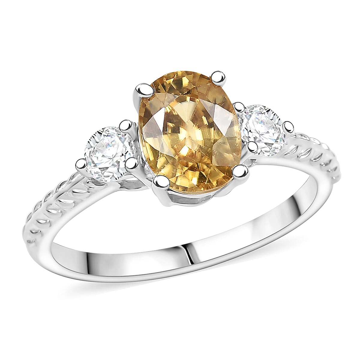 Premium Tanzania Yellow Zircon, Moissanite Art Deco Leaves Ring in Rhodium Over Sterling (Size 10.0) 2.40 ctw