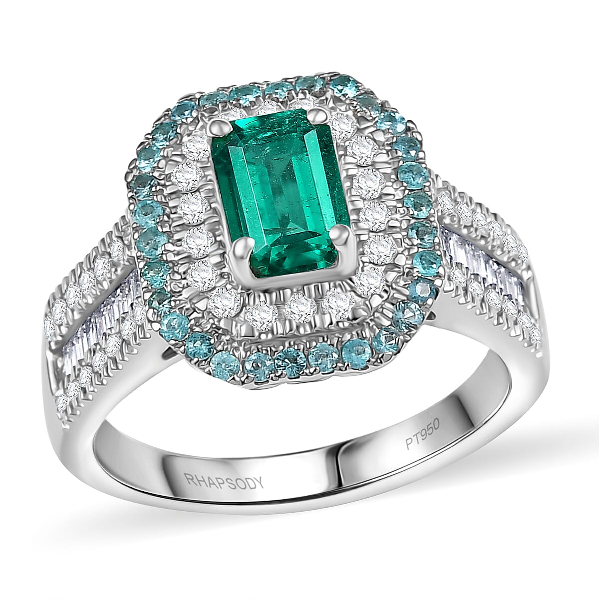 Certified & Appraised Rhapsody AAAA Kagem Zambian Emerald, Paraiba Tourmaline and E-F VS2 Diamond 2.00 ctw Ring in 950 Platinum 9.40 Grams
