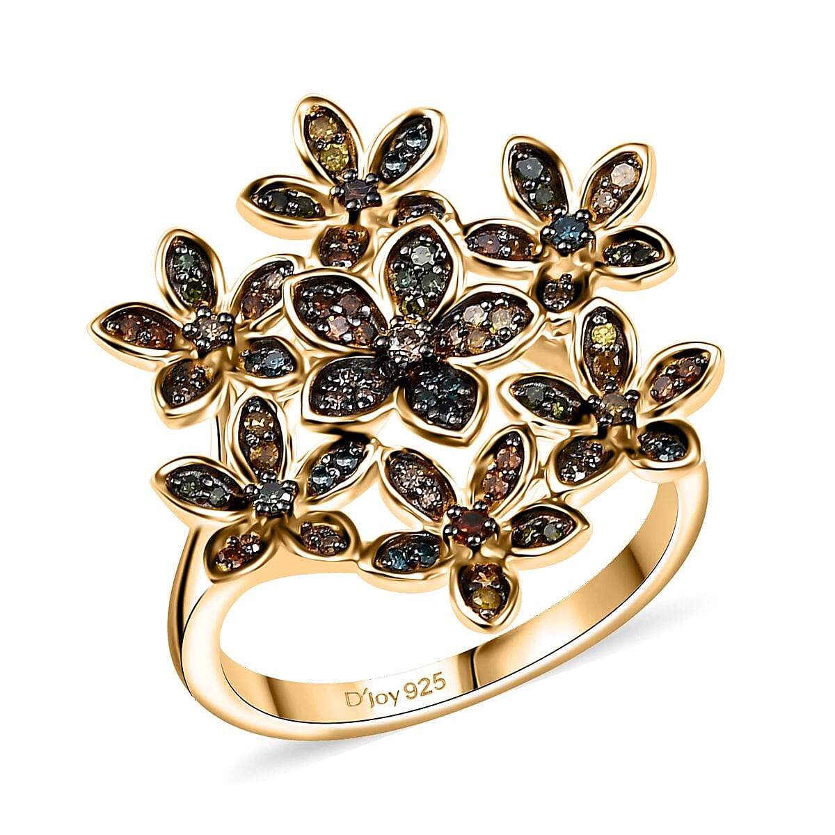 Natural Champagne Diamond, Multi Gemstone Fancy Ring in 18K Vermeil YG Over Sterling Silver (Size 10.0) 0.40 ctw