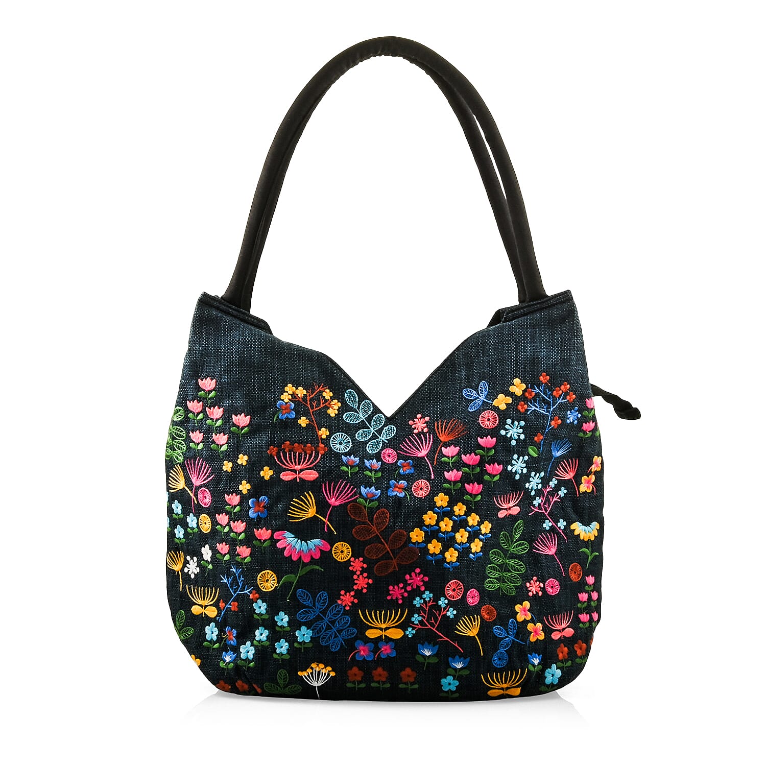 Navy Floral Embroidery 100% Polyester Tote Bag - One Size