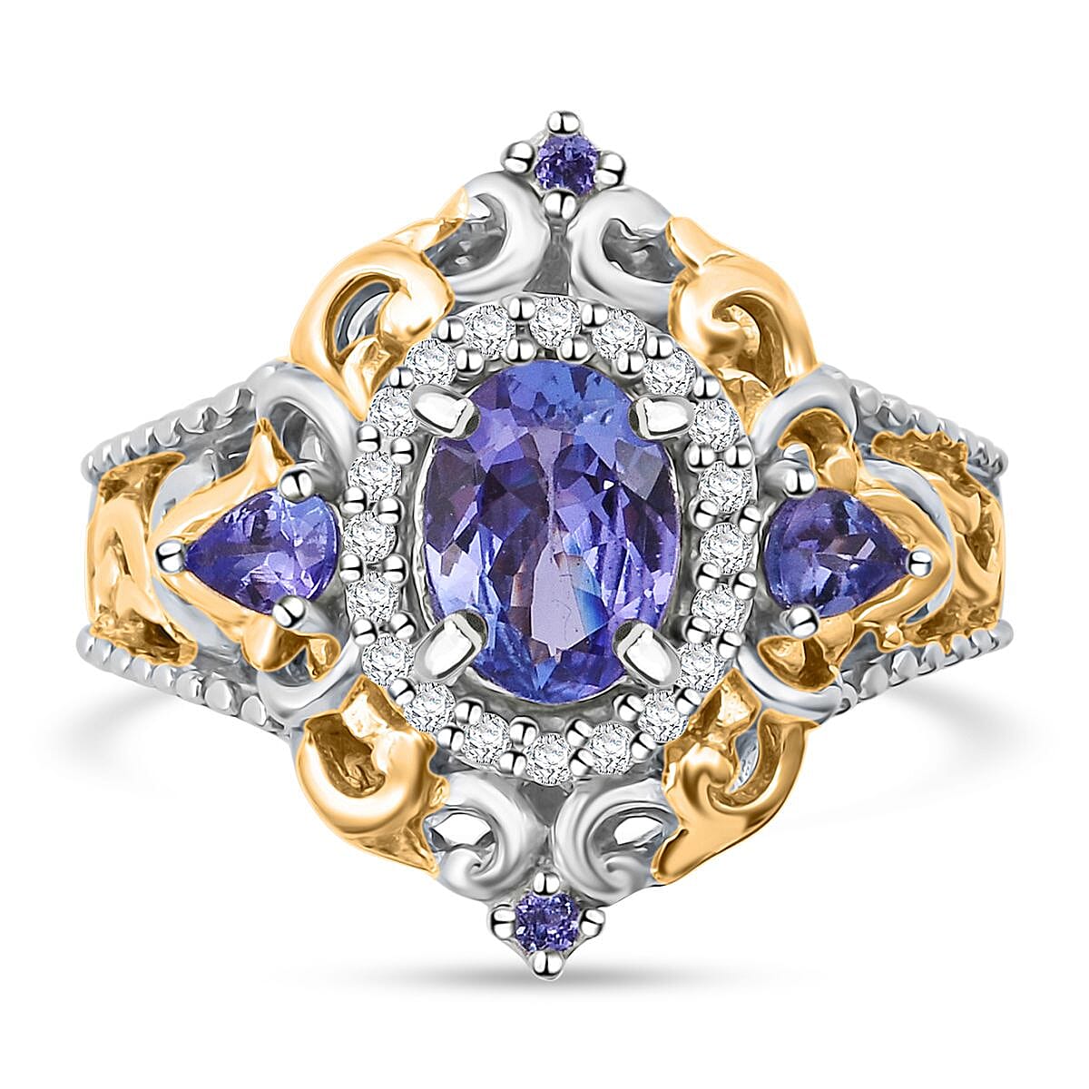 Tanzanite and White Zircon 1.85 ctw Ring in Vermeil YG and Rhodium Over Sterling Silver (Size 8.0)