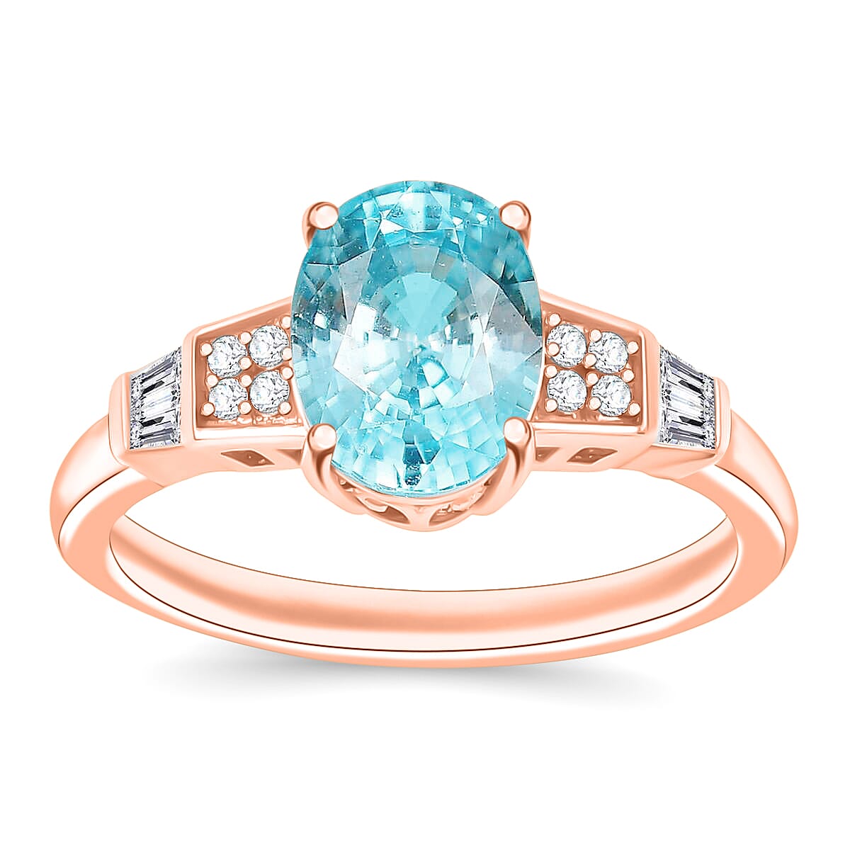Cambodian Blue Zircon and White Zircon 3.46 ctw Ring in 18K Vermeil Rose Gold Over Sterling Silver (Size 10.0)