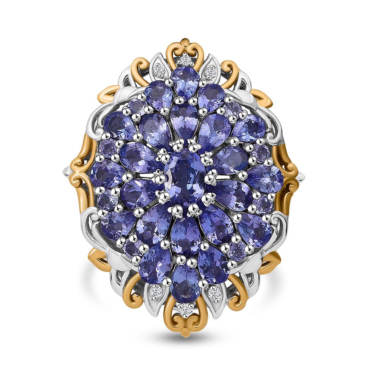 Tanzanite and White Zircon 4.10 ctw Floral Ring in Vermeil YG and Rhodium Over Sterling Silver (Size 8.0)