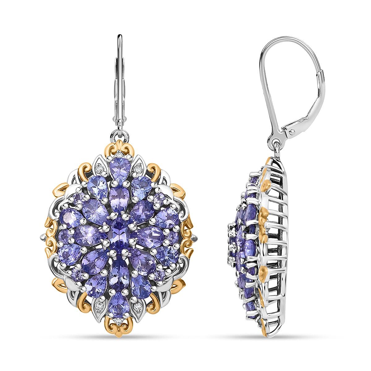 Tanzanite and White Zircon 6.90 ctw Floral Earrings in Vermeil YG and Rhodium Over Sterling Silver