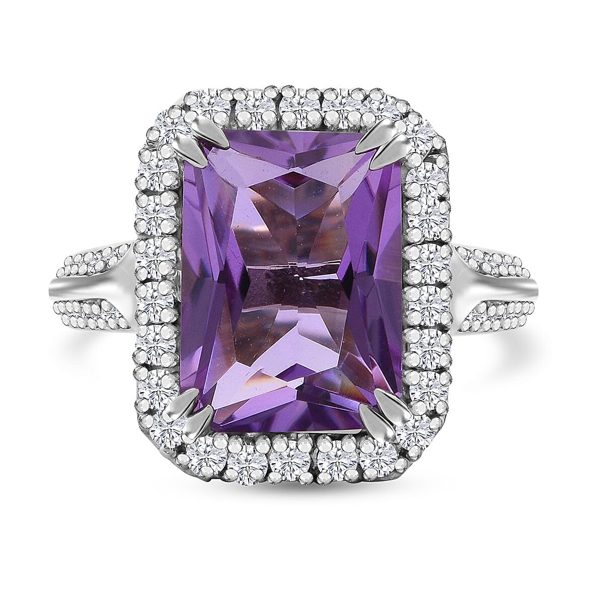 AAA Rose De France Amethyst and White Zircon 7.30 ctw Ring in Rhodium Over Sterling Silver (Size 10.0)