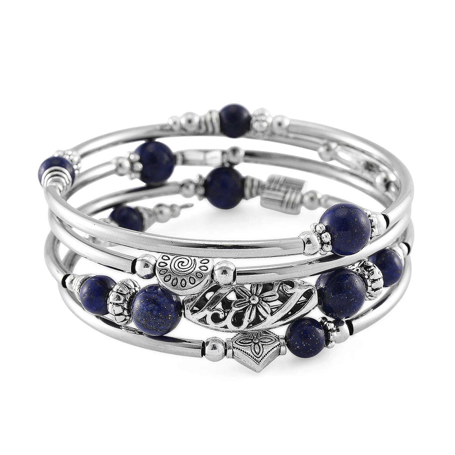 Lapis Lazuli Beaded 40 ctw Wrap Bracelet in Silvertone (6.5-7In)