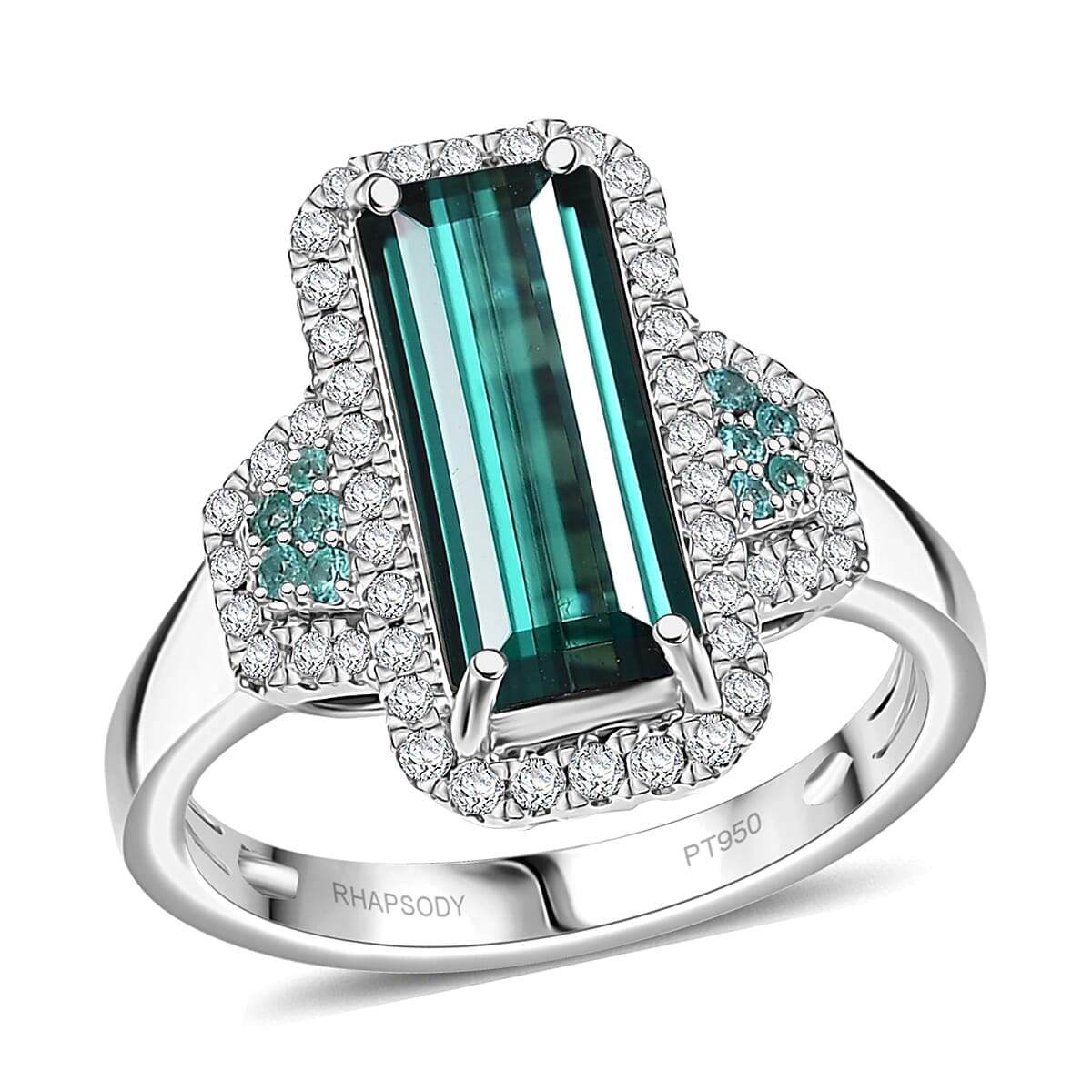 Certified & Appraised Rhapsody AAAA Monte Belo Indicolite, Paraiba Tourmaline and E-F VS2 Diamond 4.00 ctw Ring in 950 Platinum (Size 6.0)