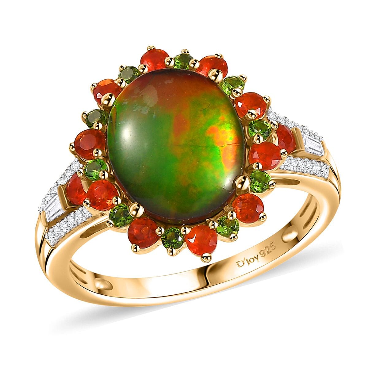 Canadian Ammolite and Multi Gemstone 0.75 ctw Floral Ring in 18K Vermeil Yellow Gold Over Sterling Silver