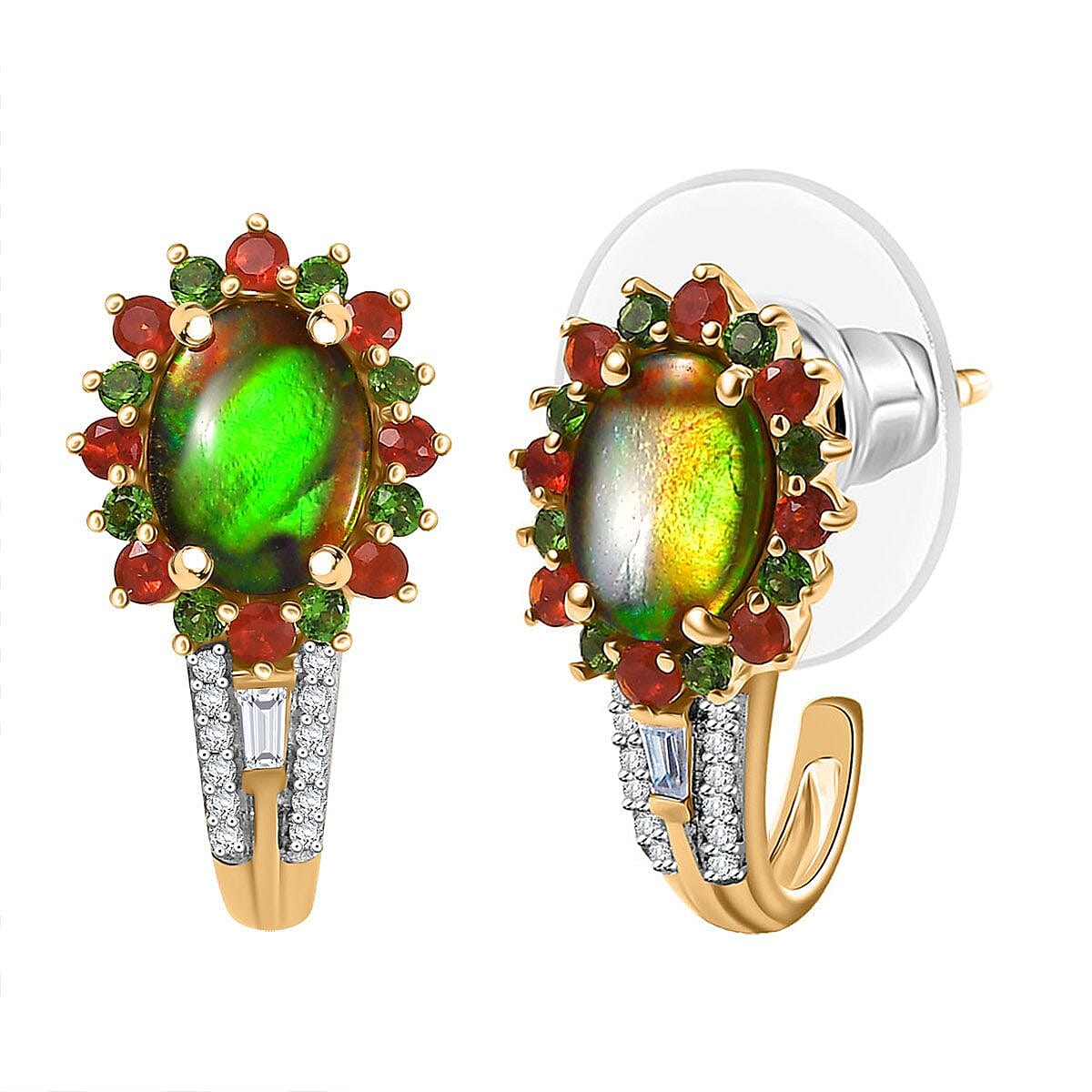 D'Joy Canadian Ammolite, Multi Gemstone 3.15 ctw Floral Earrings in 18K Vermeil Yellow Gold Over Sterling Silver