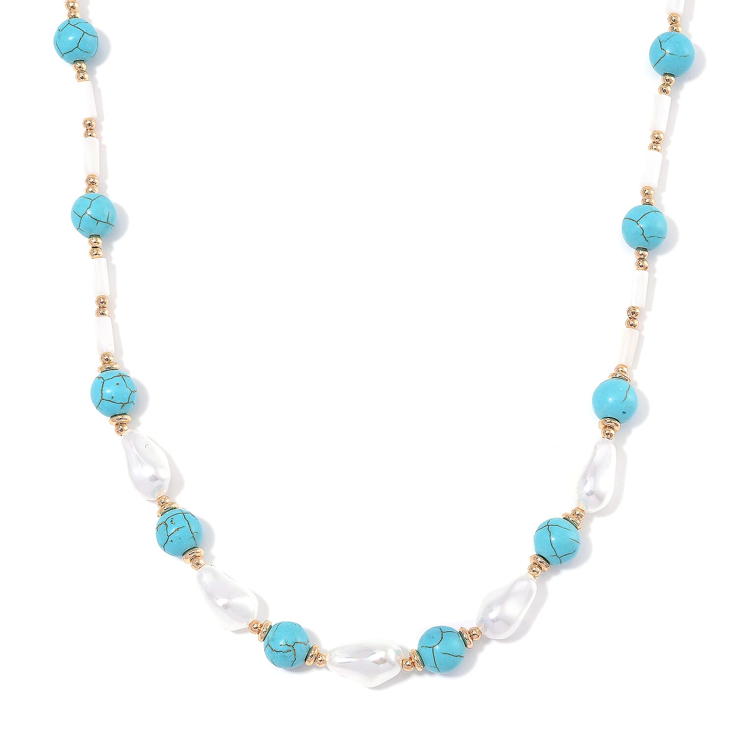 White Shell Pearl, Blue Howlite Beaded Necklace (18-20In) in Goldtone 65.00 ctw
