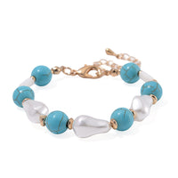 White Shell Pearl, Blue Howlite Beaded Bracelet (7-9In) in Goldtone 25.00 ctw