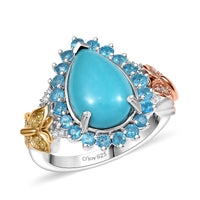 Sleeping Beauty Turquoise, Neon Apatite and Multi Diamond 4.60 ctw Butterfly Ring in 18K Vermeil YG, RG and Rhodium Over Sterling Silver (Size 10.0)
