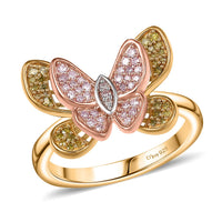 Natural Pink, White and Yellow Diamond Butterfly Ring in 18K Vermeil RG and YG Over Sterling Silver (Size 10.0) 0.33 ctw