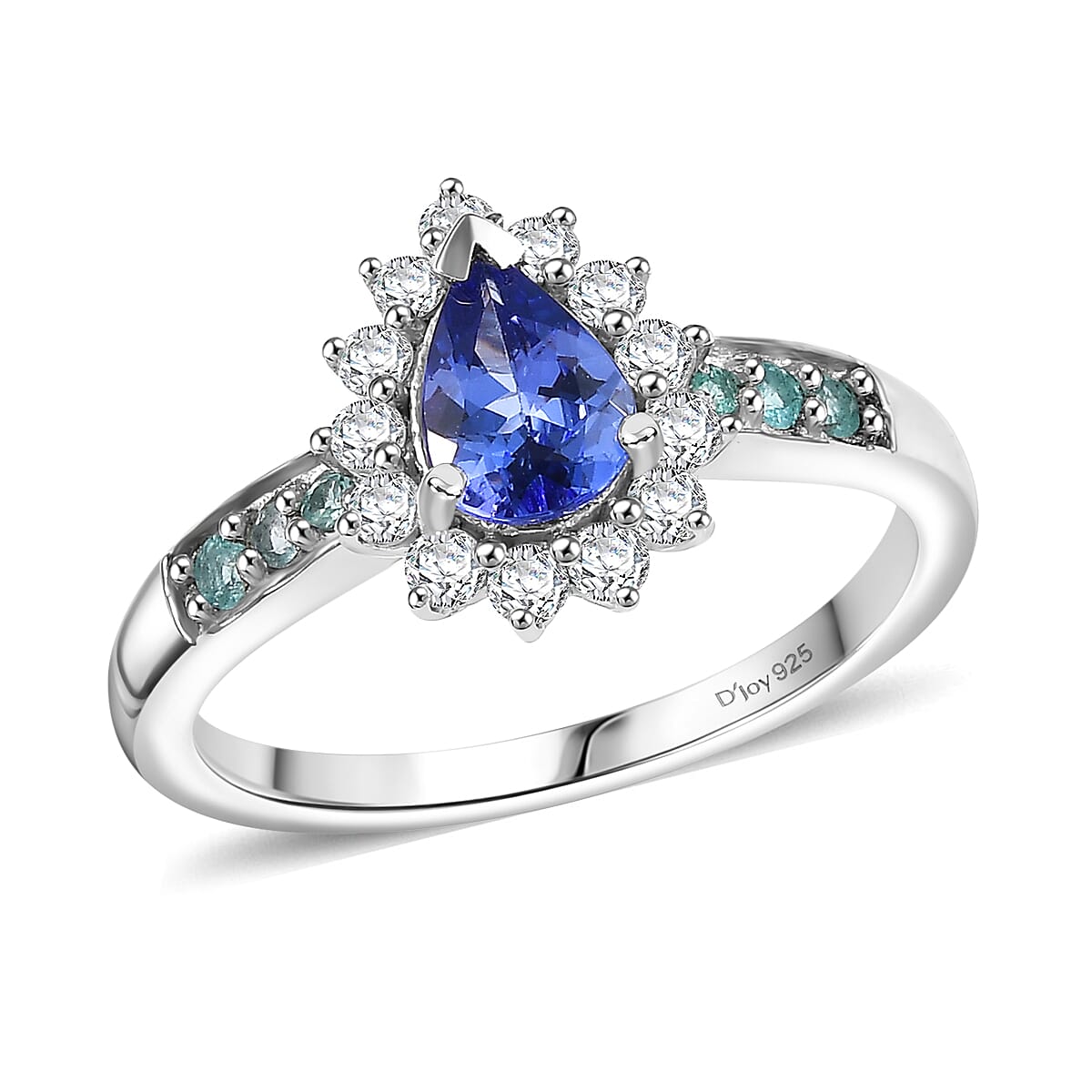 Premium Tanzanite, Paraiba Tourmaline and Diamond (0.34 cts) Ring in Rhodium Over Sterling Silver (Size 6.0) 1.15 ctw
