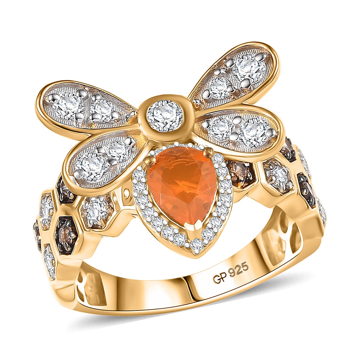 GP Jalisco Fire Opal and Multi Gemstone 2.30 ctw Bee Ring in 18K Vermeil Yellow Gold Over Sterling Silver (Size 9.0)