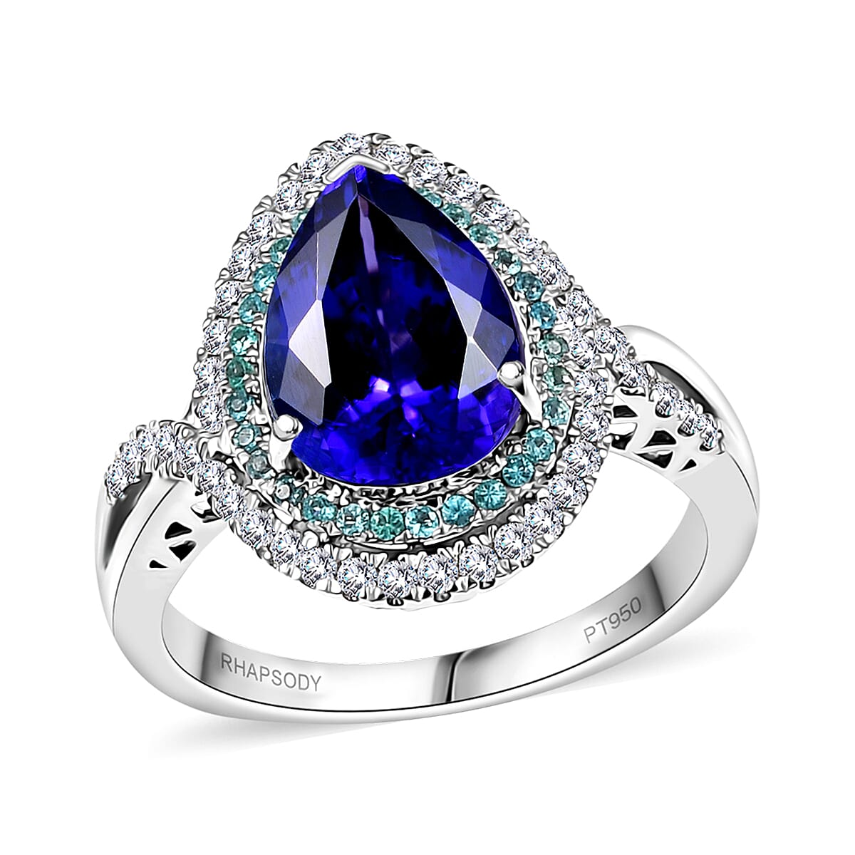 Rhapsody 950 Platinum AAAA Tanzanite, Paraiba Tourmaline and Diamond (E-F, VS2) (0.42 cts) Ring (Size 6.5) (8.20 g) 5.15 ctw