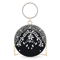 Black Hand Embroidery Round Shaped Beads Studded Velvet Clutch with Ring Handle and Sling Chain