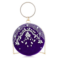 Black Hand Embroidery Round Shaped Beads Studded Velvet Clutch with Ring Handle and Sling Chain