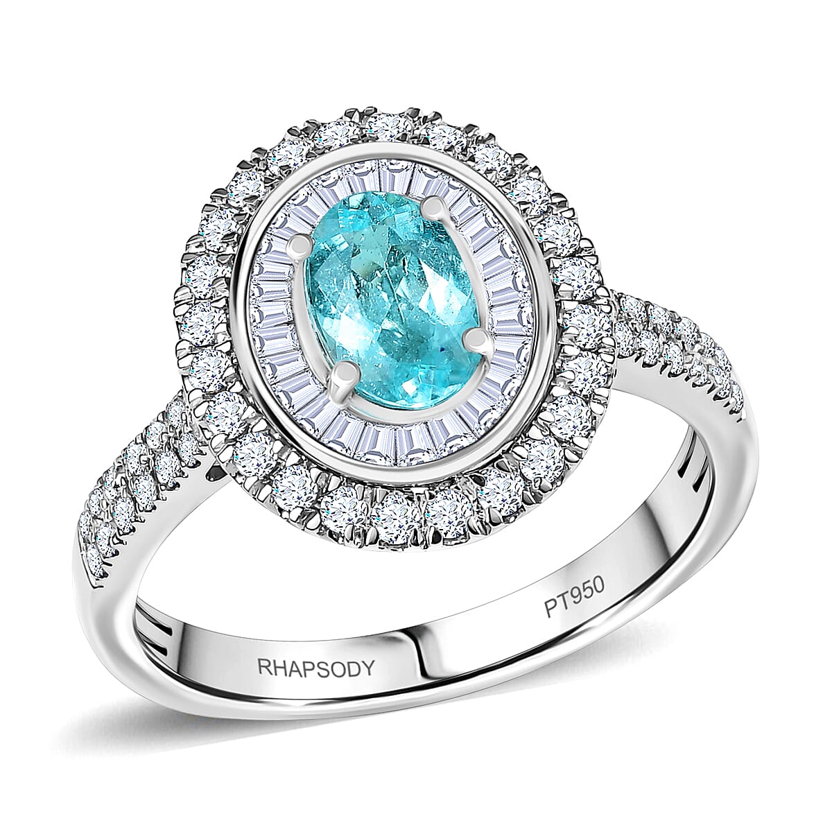Certified & Appraised Rhapsody AAAA Paraiba Tourmaline and E-F VS2 Diamond 2.10 ctw Ring in 950 Platinum 7.10 Grams