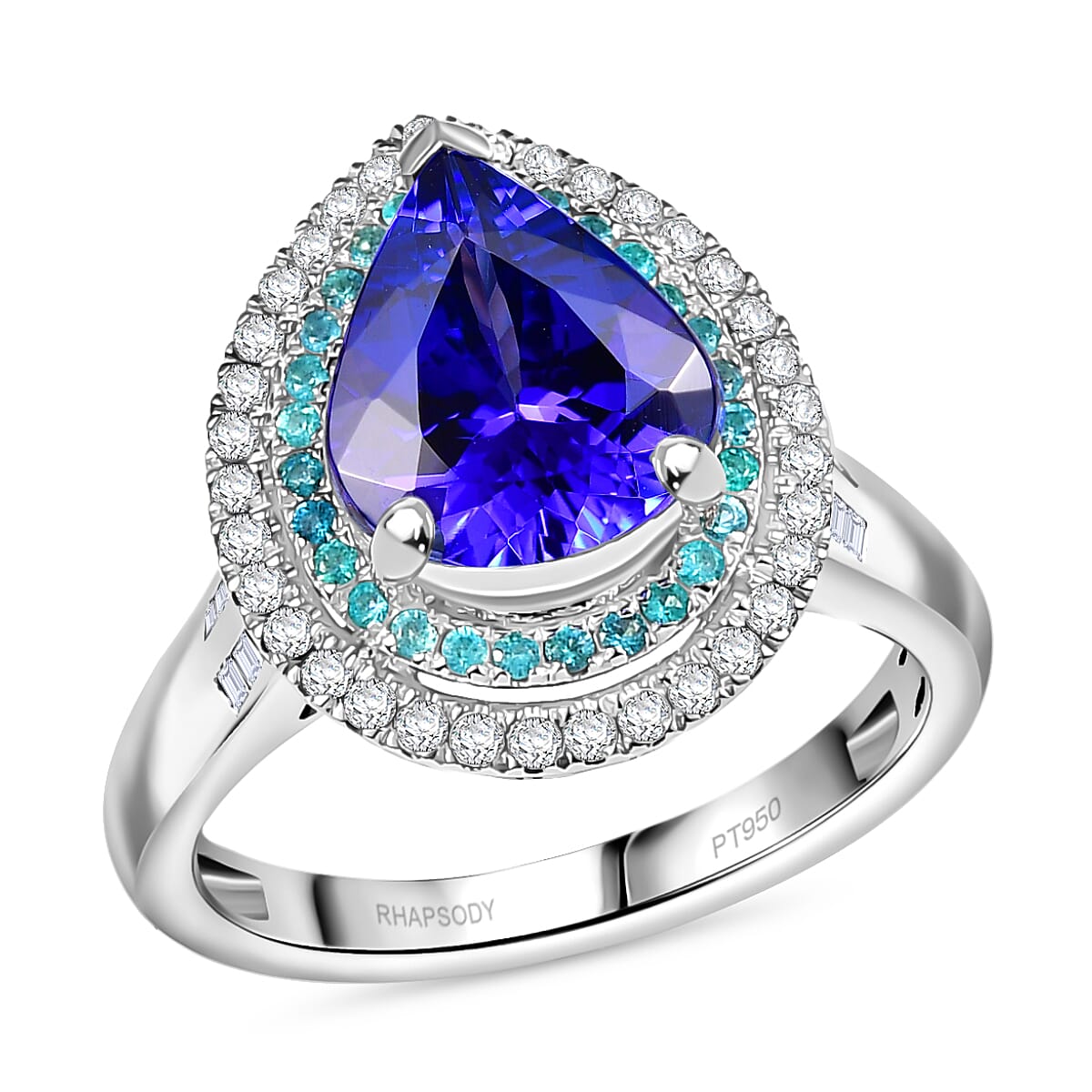 Rhapsody 950 Platinum AAAA Tanzanite, Paraiba Tourmaline and Diamond (E-F, VS2) (0.51 cts) Ring (Size 10.0) (9.60 g) 4.50 ctw