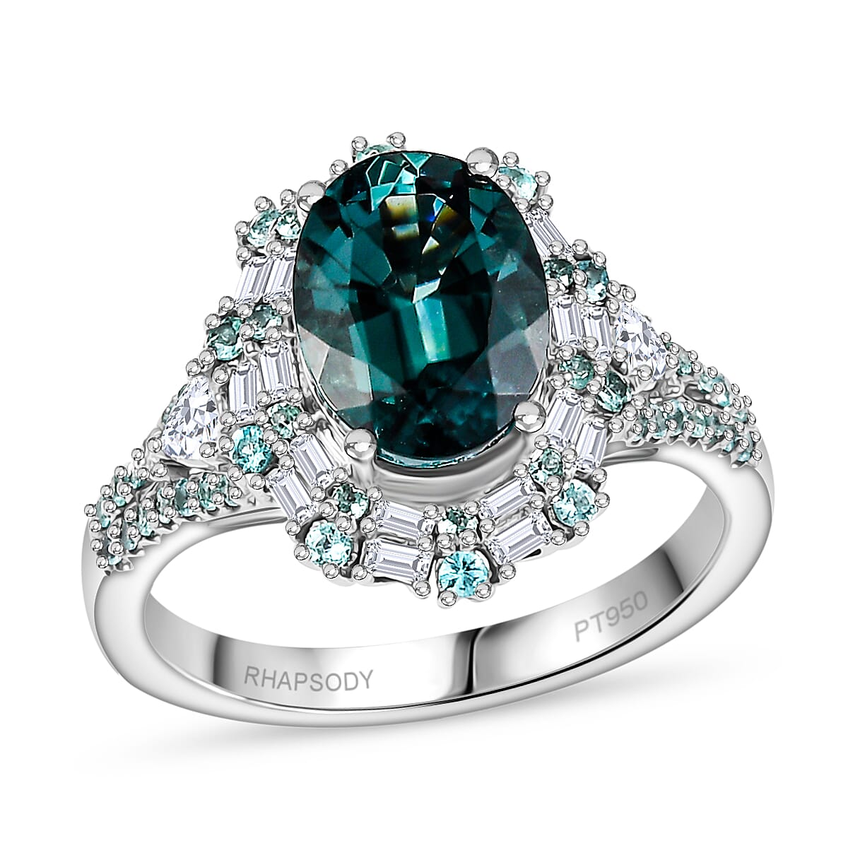 Certified & Appraised Rhapsody AAAA Pirineu Lagoon Tourmaline, Paraiba Tourmaline and E-F VS2 Diamond 4.40 ctw Ring in 950 Platinum (Size 7.0) 9 Grams